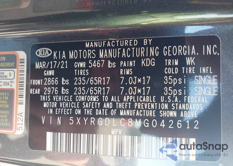 2021 Kia Sorento Lx из США, поврежденный, VIN 5XYRGDLC8MG042612